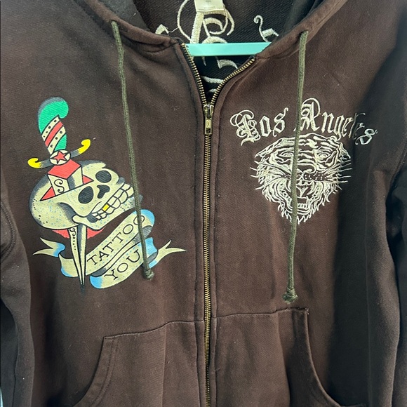 Ed Hardy Mens Rust Love Kills Slowly Brown Full Zip Hoodie Jacket - Picture 3 of 6
